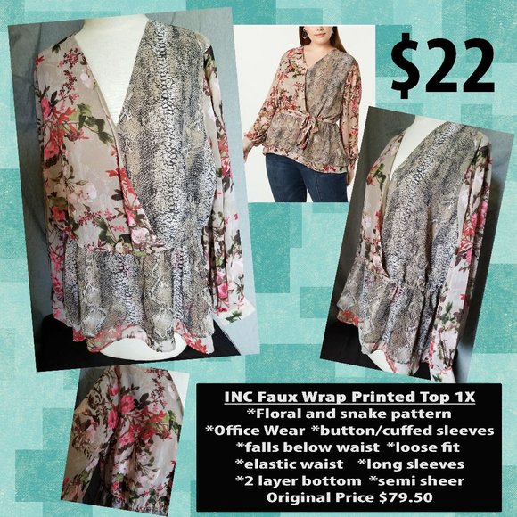 INC Faux Wrap Printed Top 1X - Picture 1 of 5